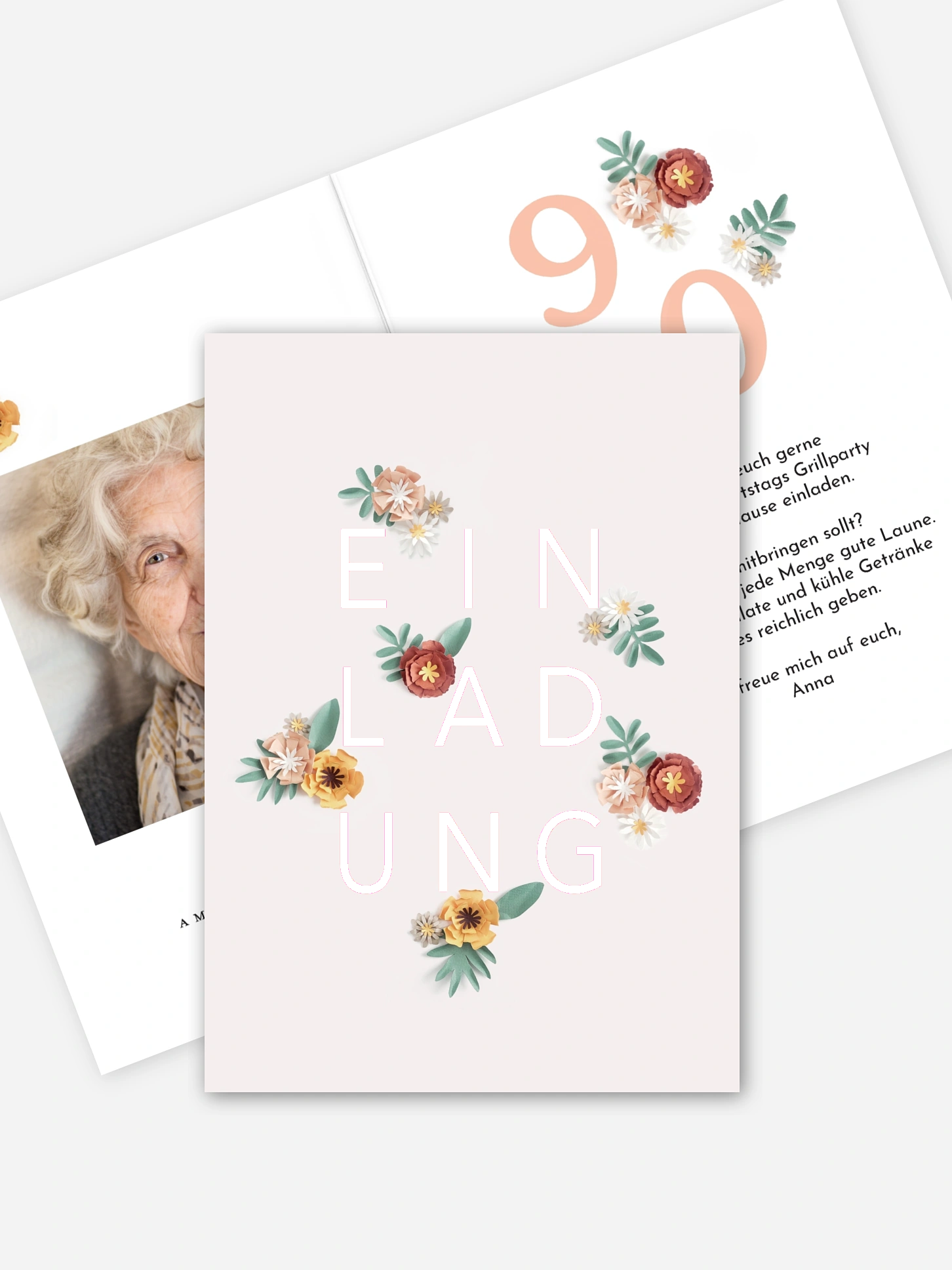 Einladung 90. Geburtstag Papierblumen