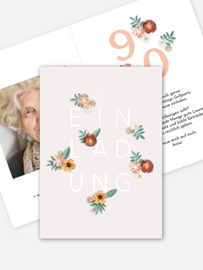 Einladung 90. Geburtstag Papierblumen
