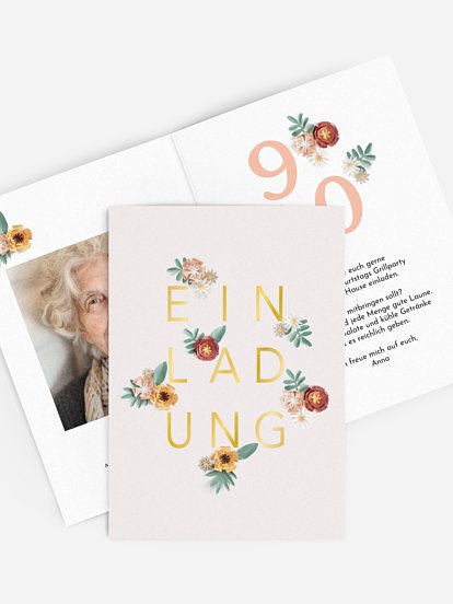 Einladung 90. Geburtstag Papierblumen