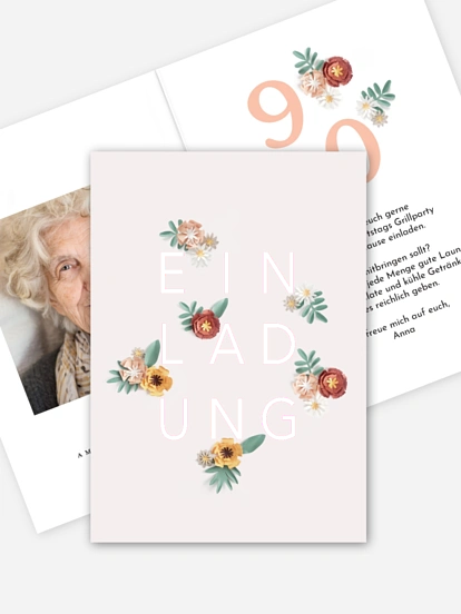 Einladung 90. Geburtstag Papierblumen