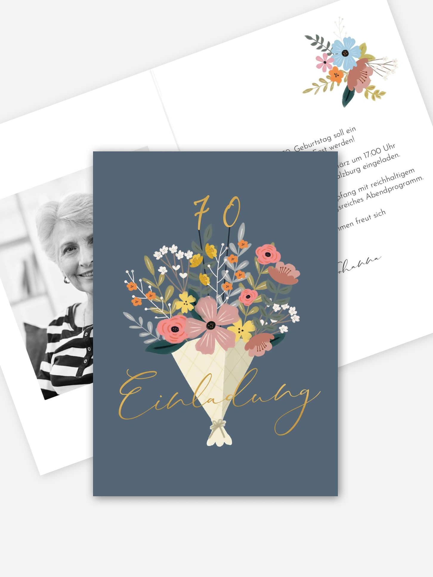 Einladung 70. Geburtstag Blumenstrauß