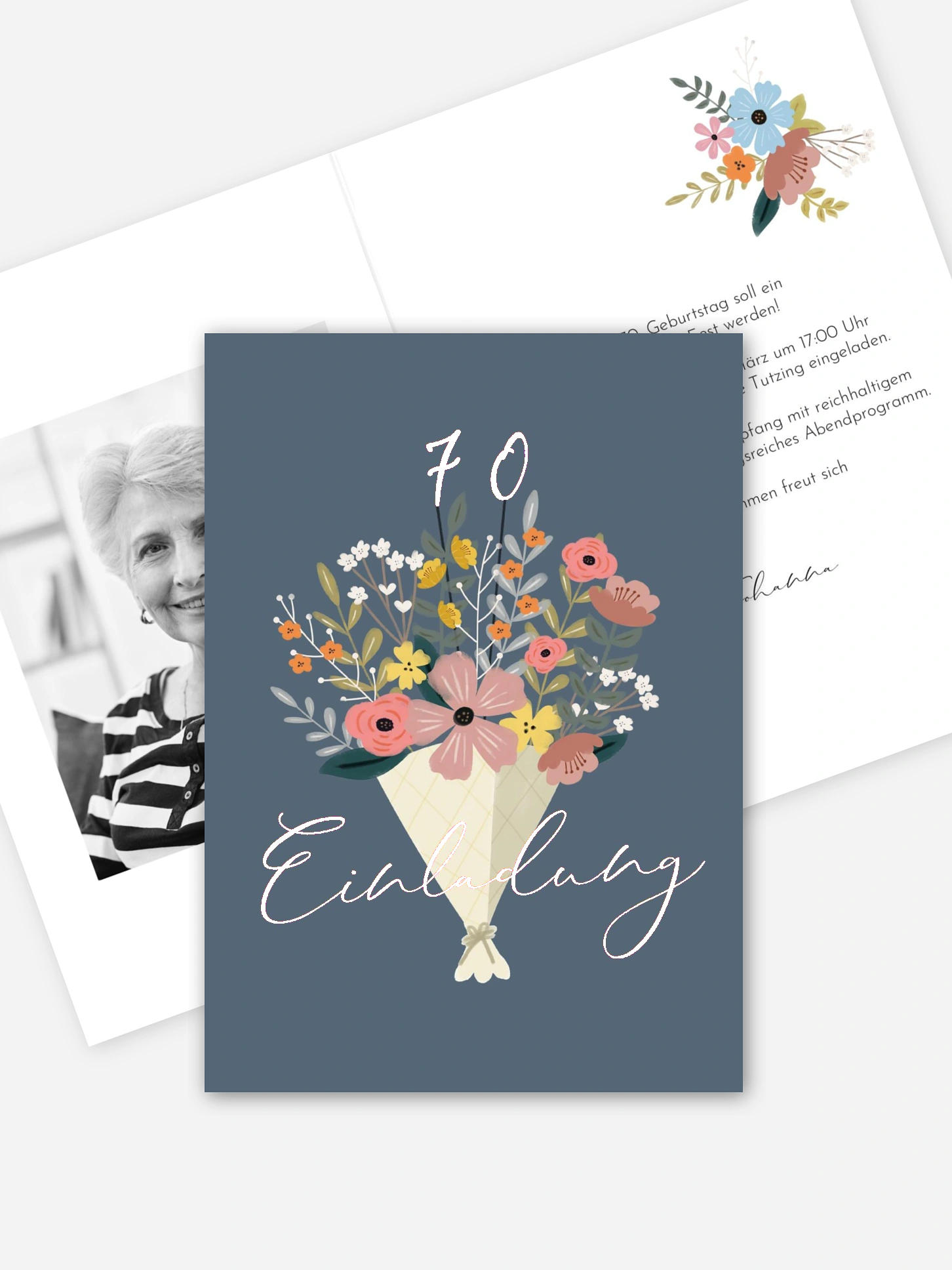 Einladung 70. Geburtstag Blumenstrauß