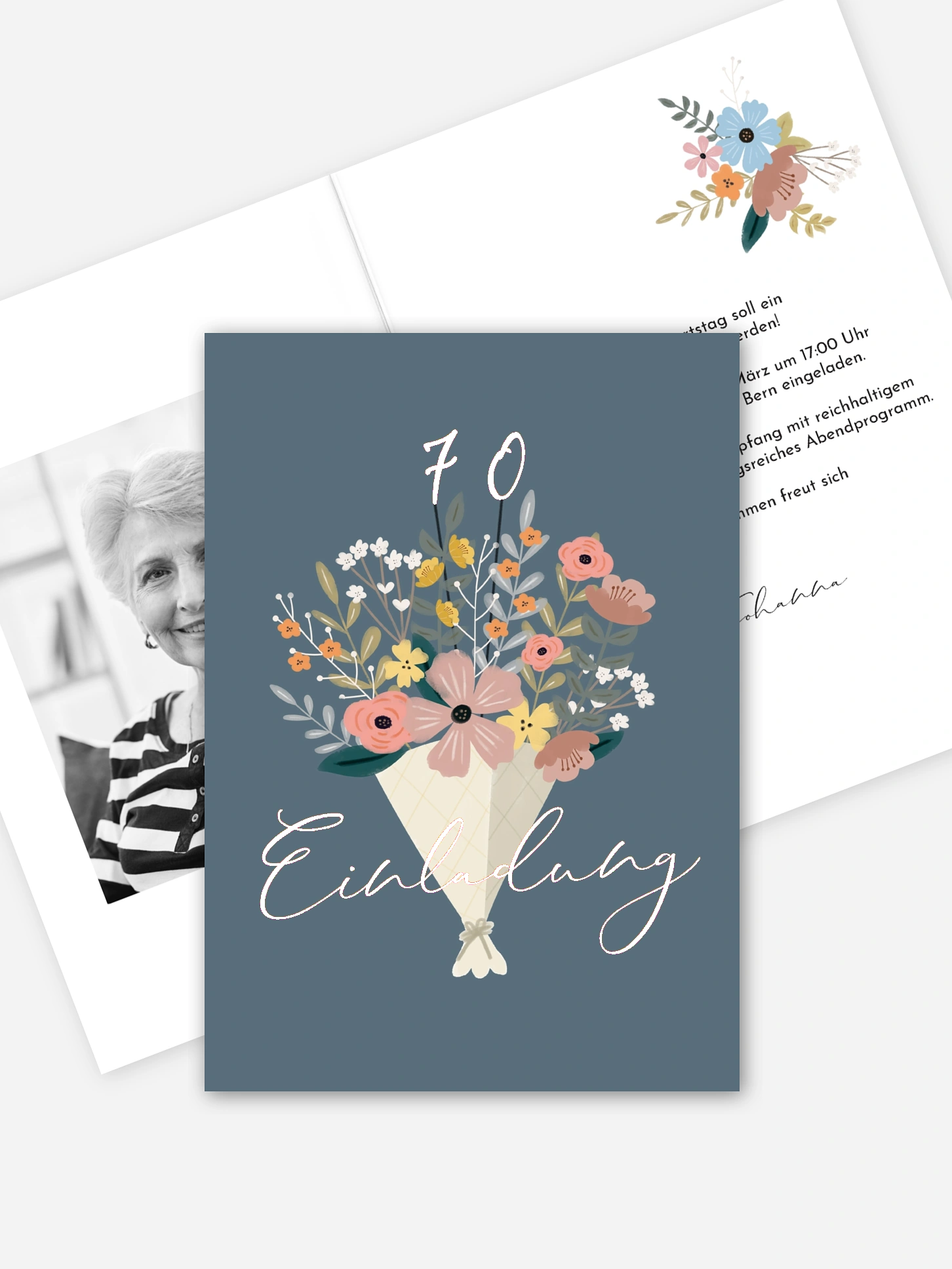 Einladung 70. Geburtstag Blumenstrauß