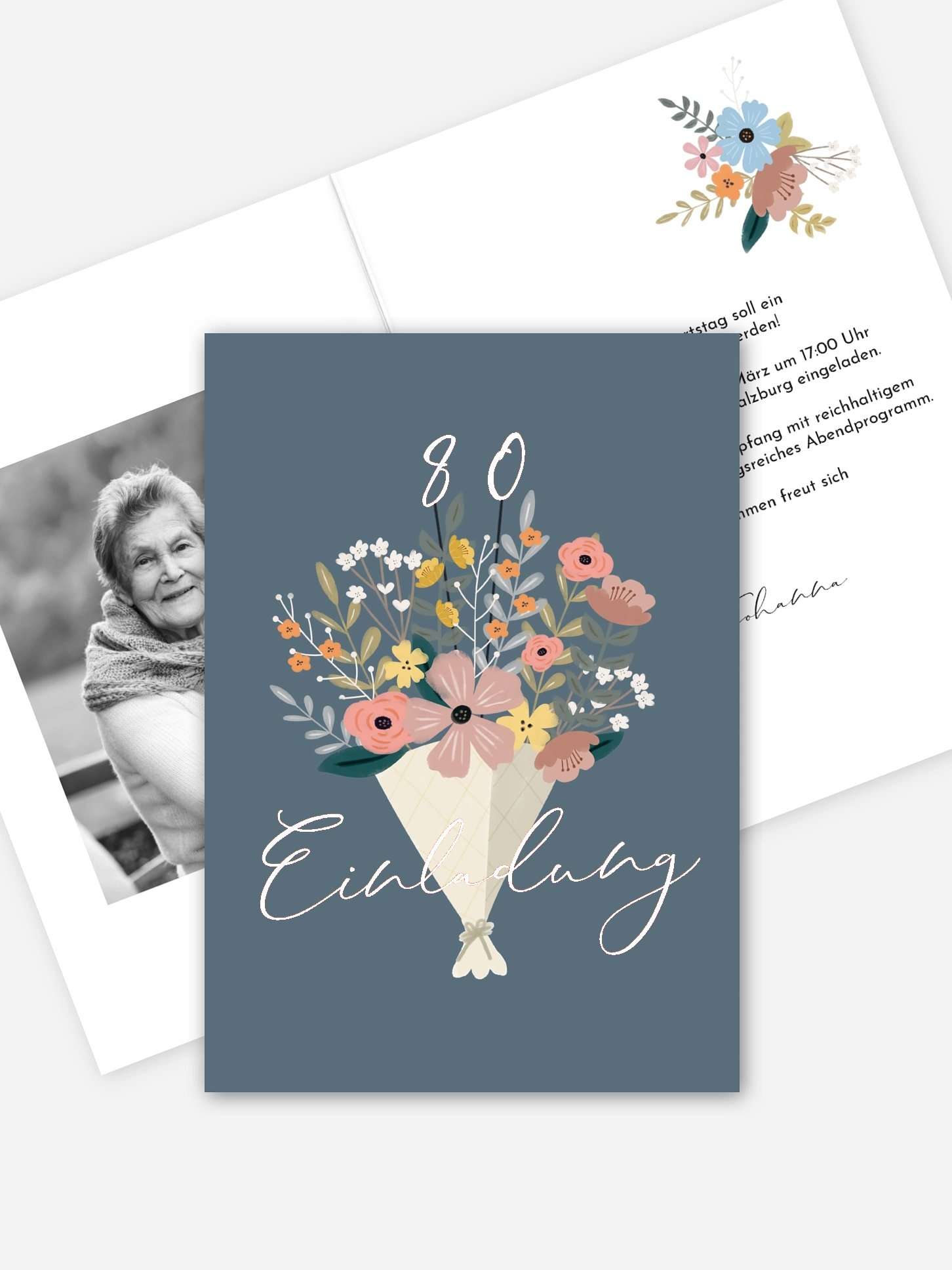 Einladung 80. Geburtstag Blumenstrauß
