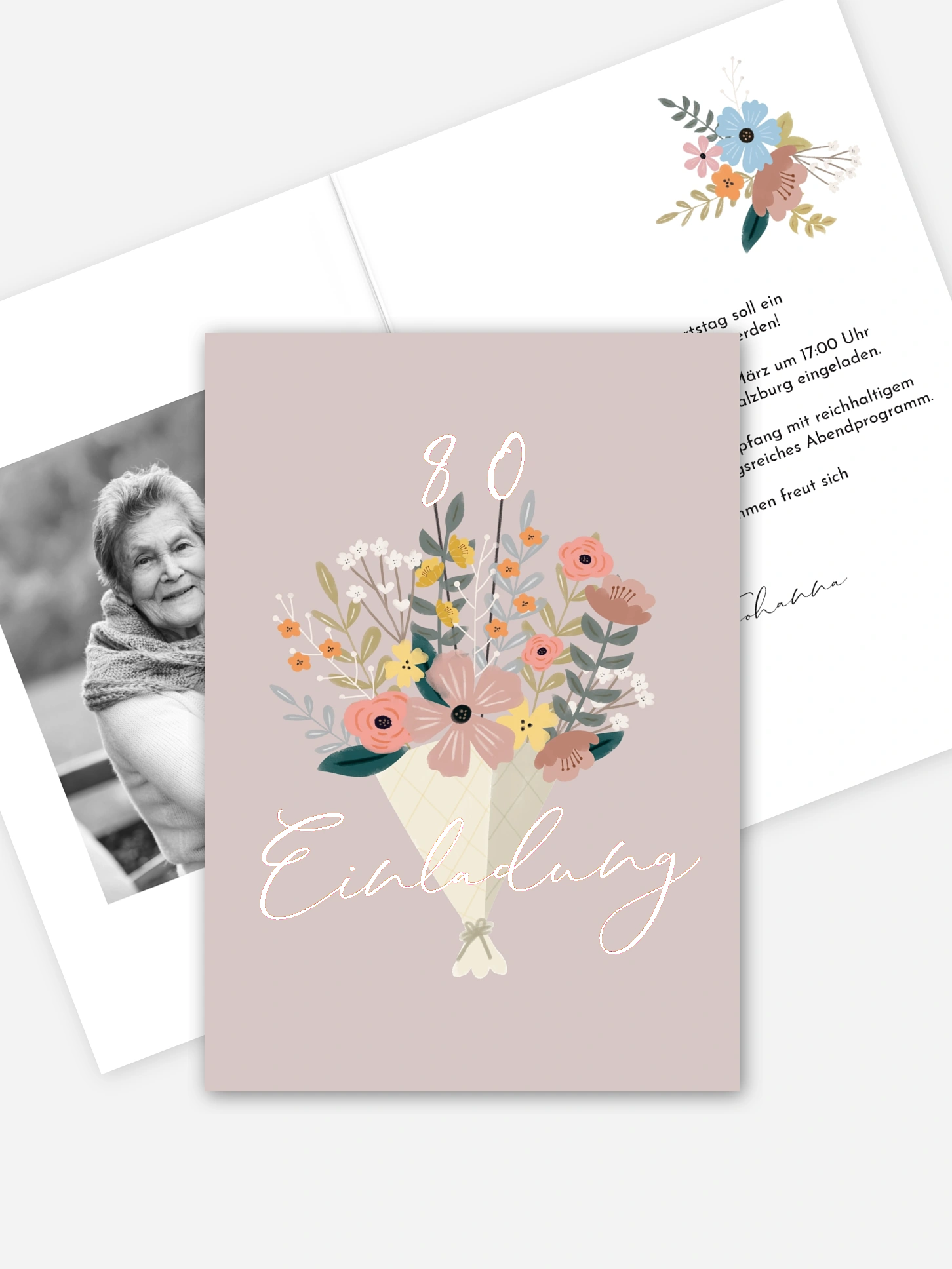 Einladung 80. Geburtstag Blumenstrauß