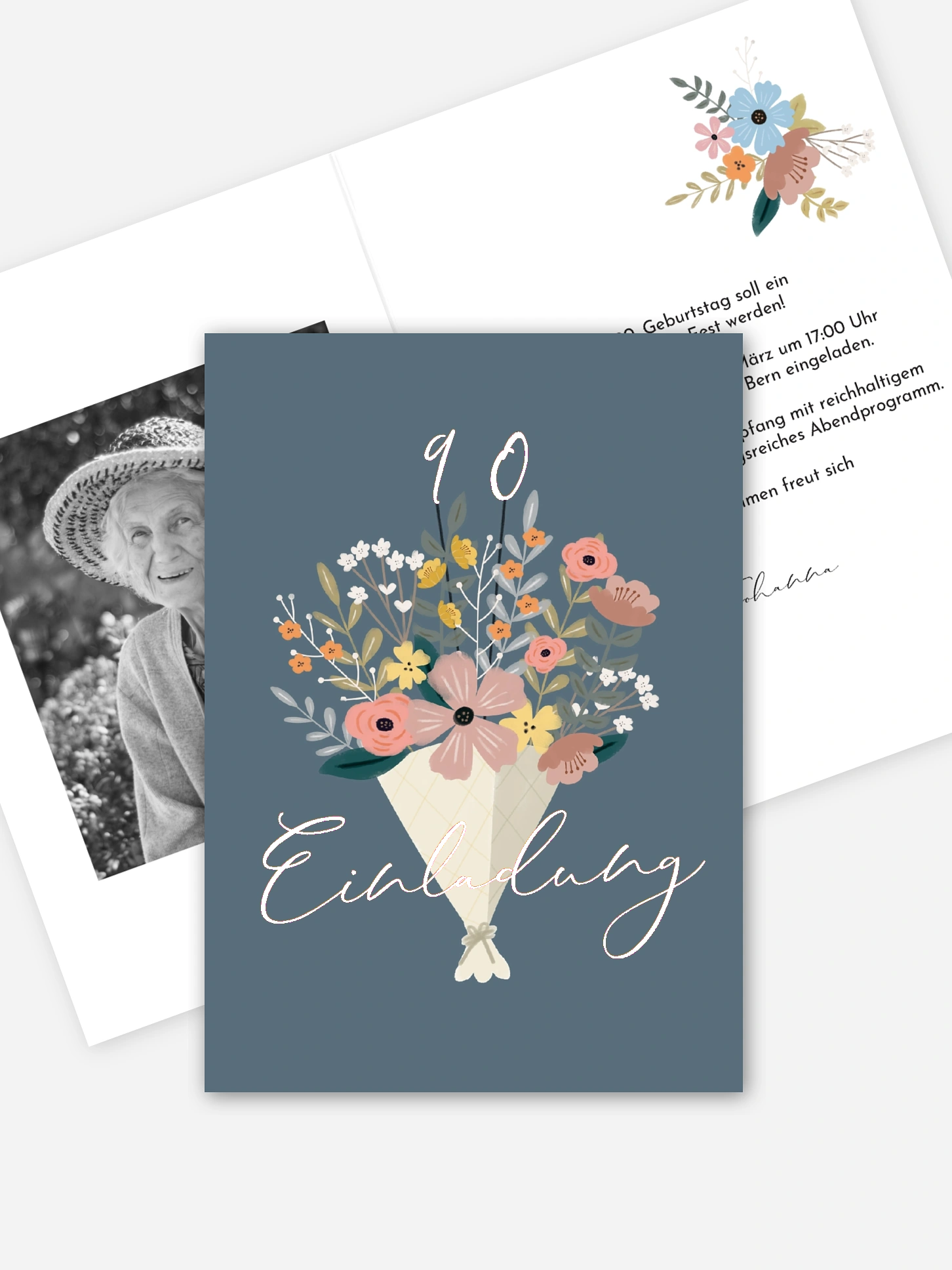 Einladung 90. Geburtstag Blumenstrauß
