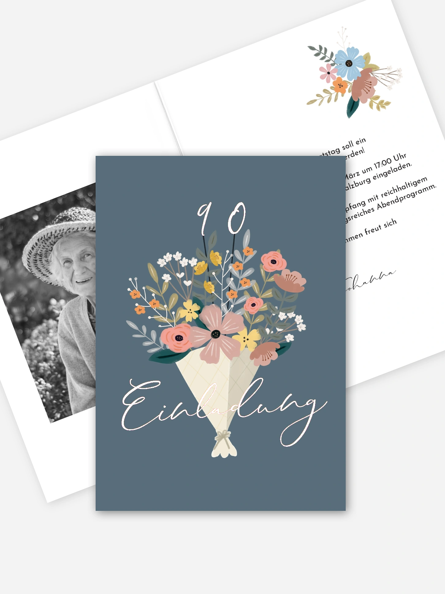 Einladung 90. Geburtstag Blumenstrauß