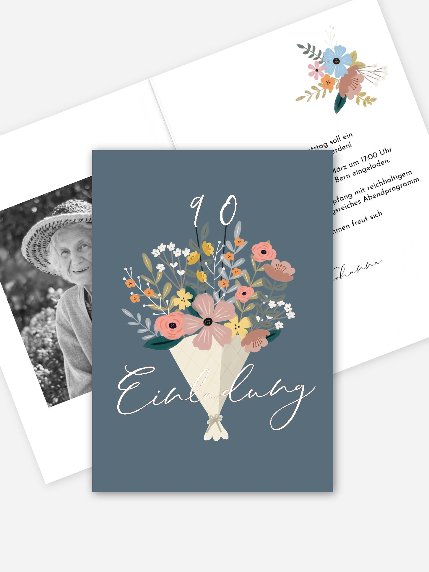 Einladung 90. Geburtstag Blumenstrauß