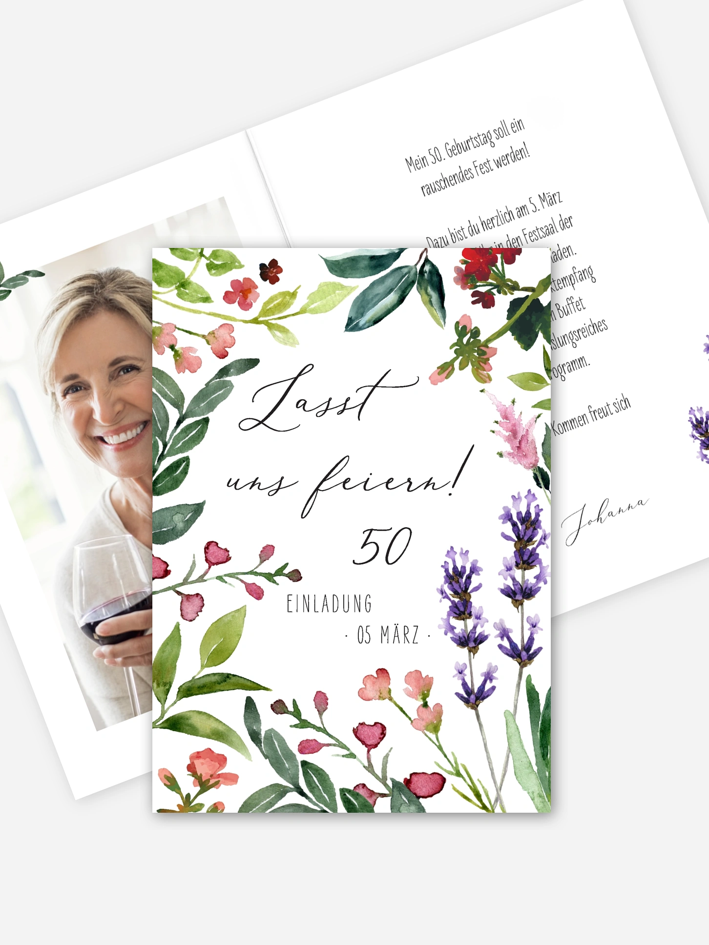 Einladung 50. Geburtstag Blumenvoll
