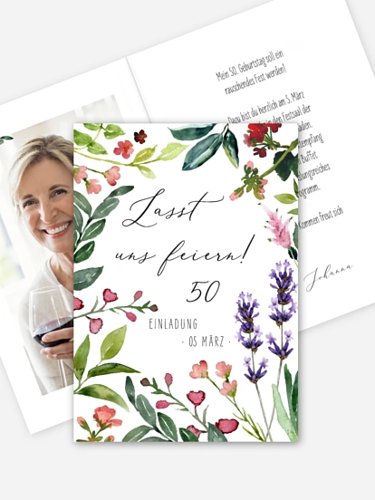 Einladung 50. Geburtstag Blumenvoll