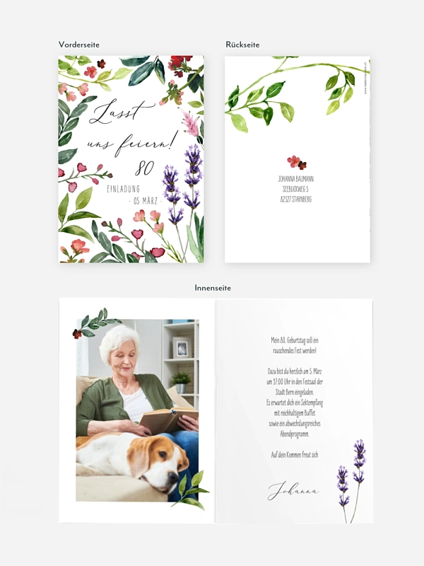 Einladung 80. Geburtstag Blumenvoll