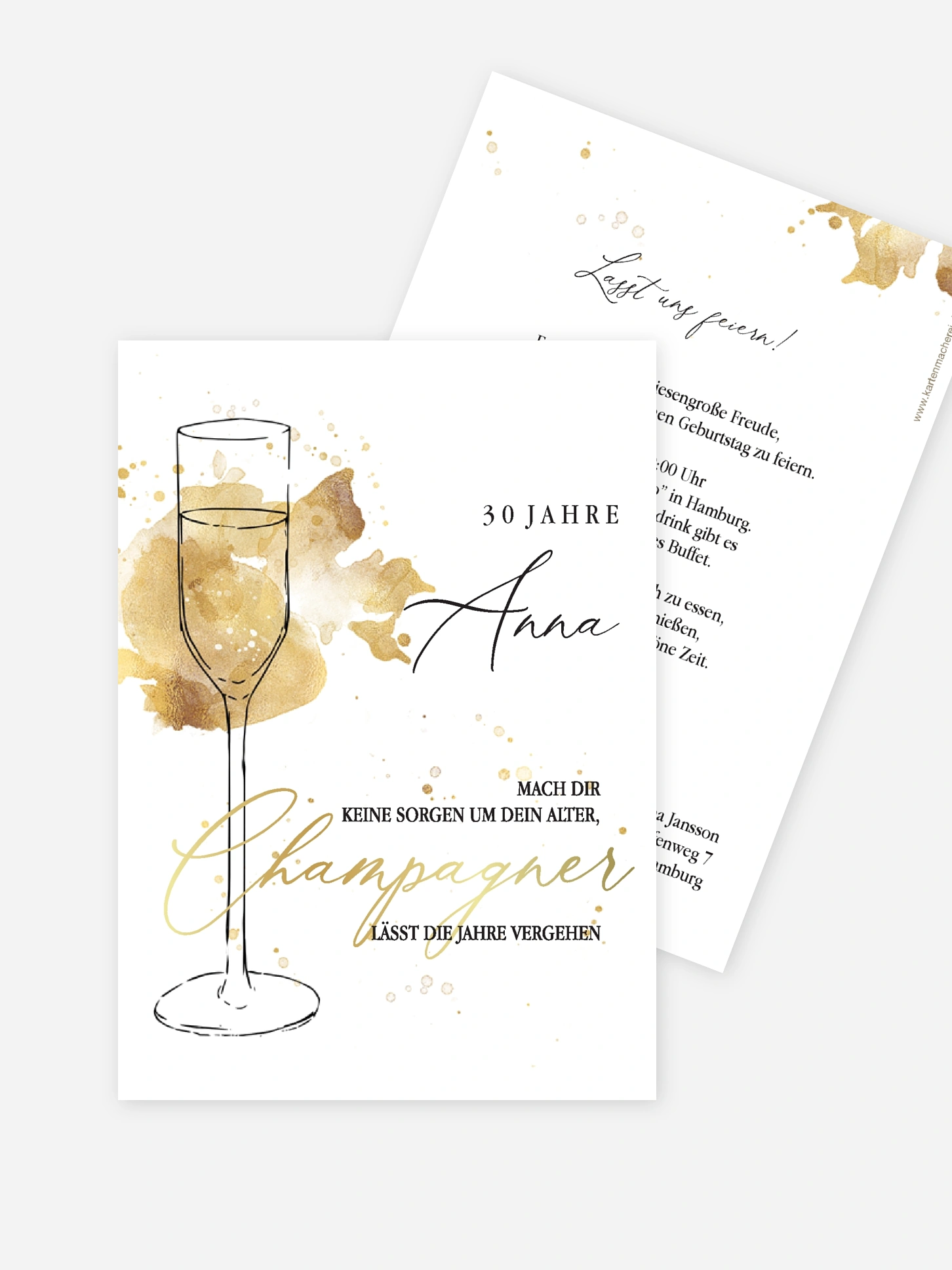 Einladung 30. Geburtstag in weiss, Postkarte hoch zum selbst gestalten. Geburtstagseinladung Design: Champagnerglas. Kartenmacherei Geburtstag|