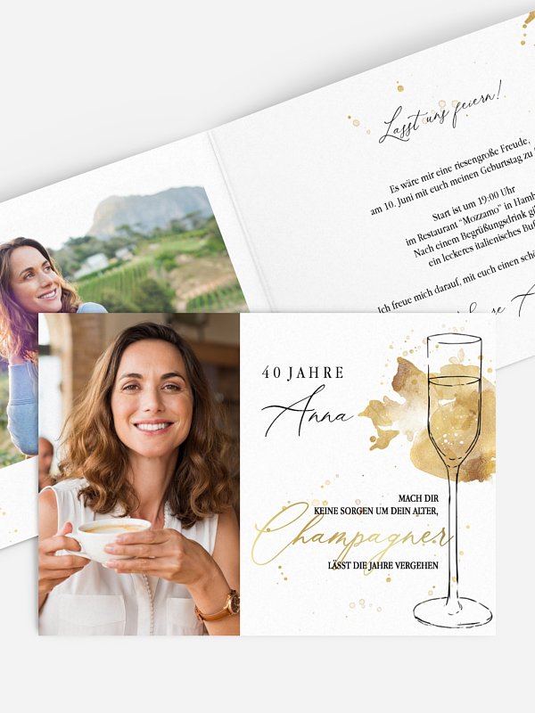 Einladung 40. Geburtstag Champagnerglas