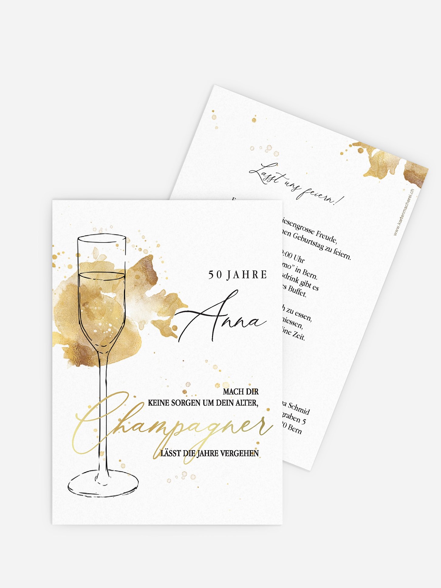 Einladung 50. Geburtstag Champagnerglas