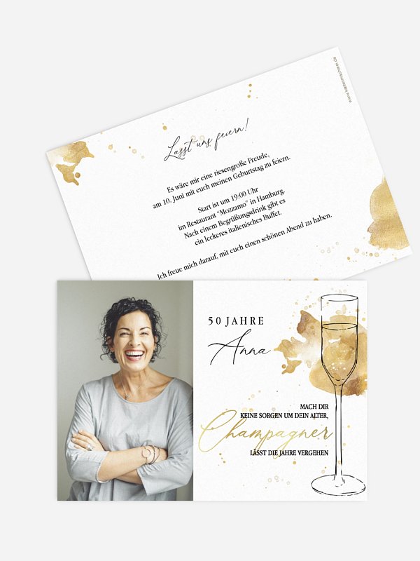 Einladung 50. Geburtstag Champagnerglas