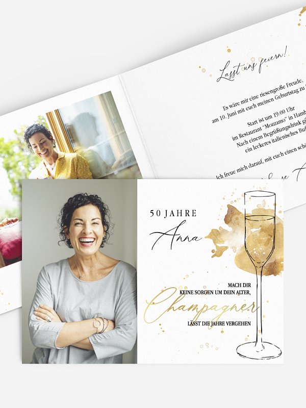 Einladung 50. Geburtstag Champagnerglas