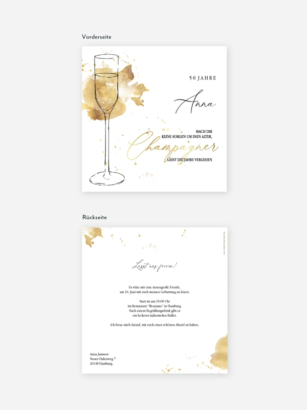Einladung 50. Geburtstag Champagnerglas