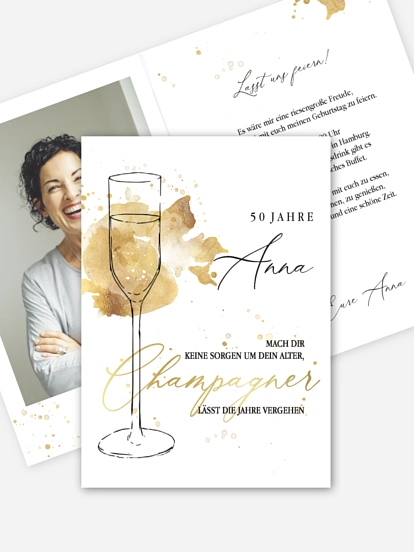 Einladung 50. Geburtstag Champagnerglas