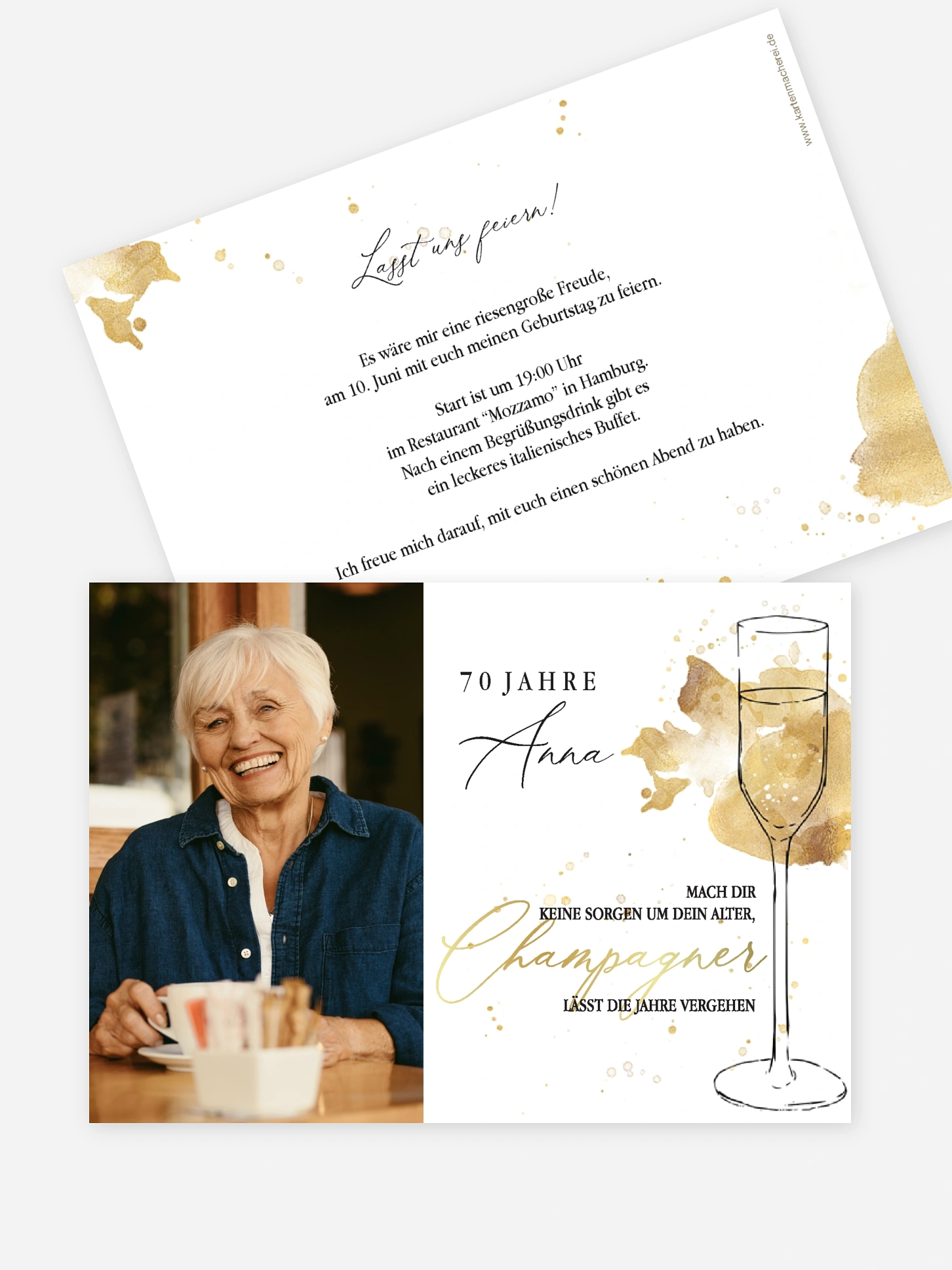 Einladung 70. Geburtstag Champagnerglas