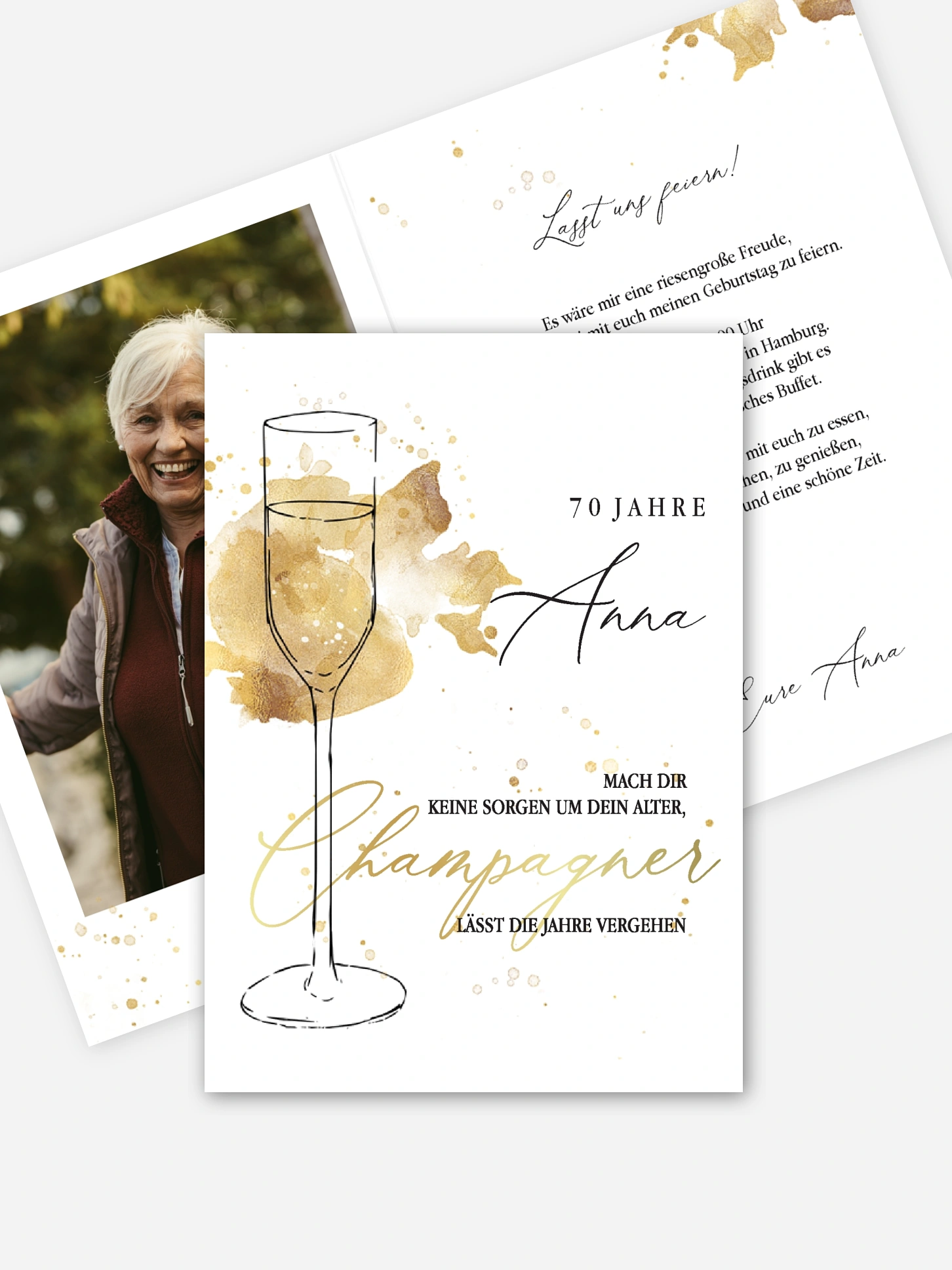 Einladung 70. Geburtstag Champagnerglas