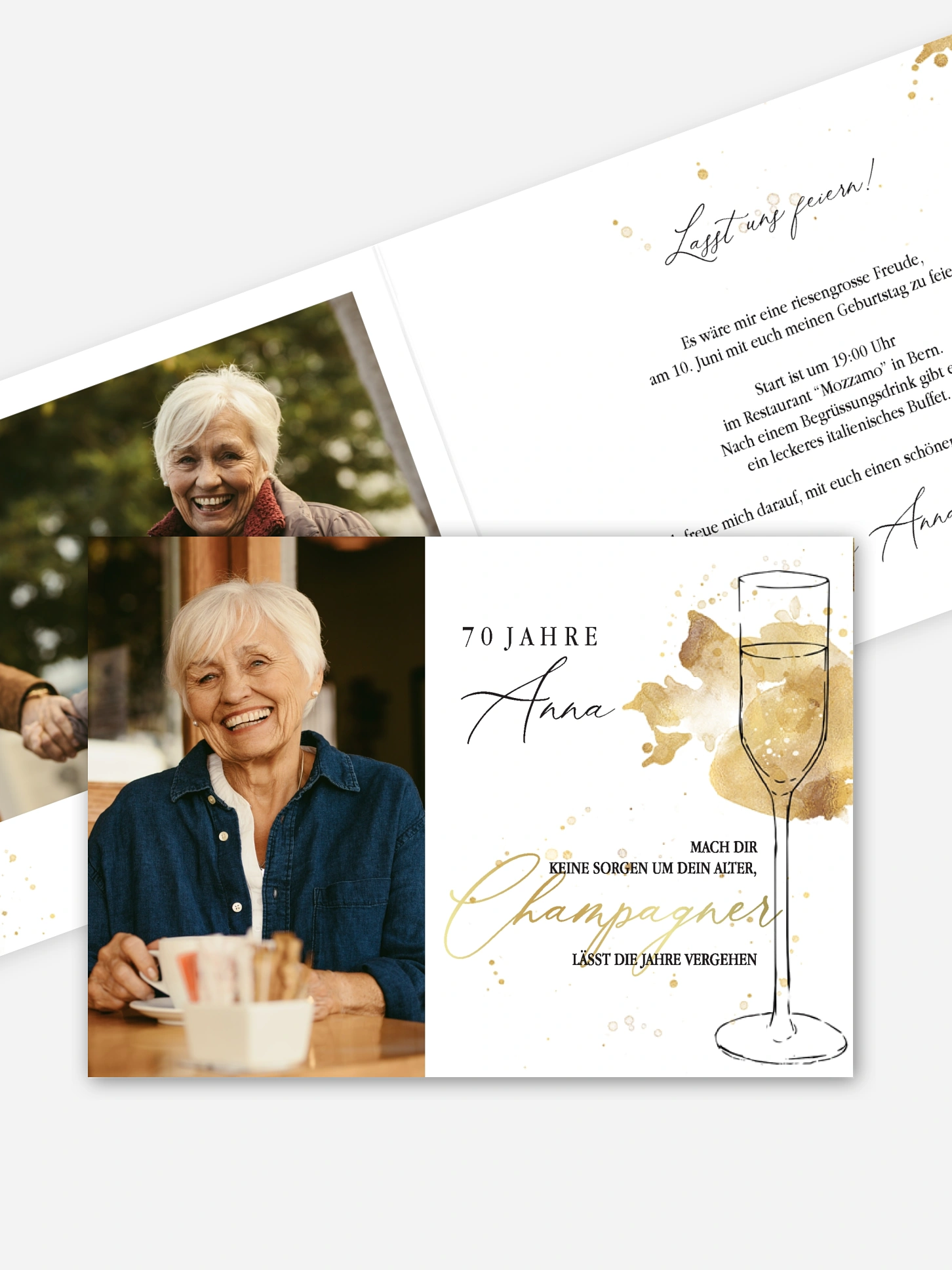 Einladung 70. Geburtstag Champagnerglas