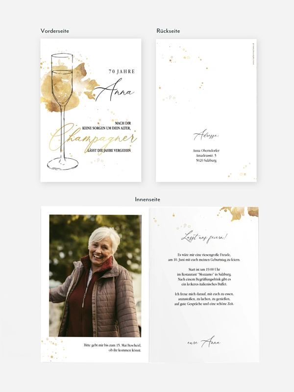 Einladung 70. Geburtstag Champagnerglas