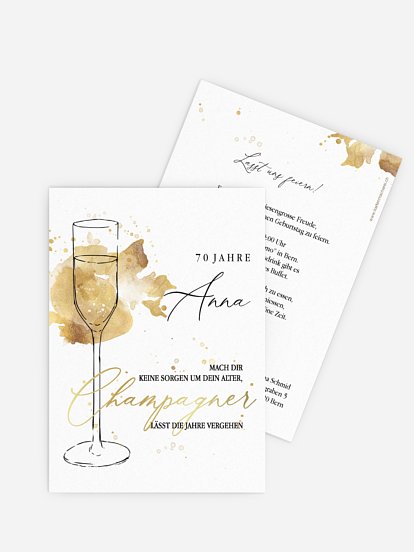 Einladung 70. Geburtstag Champagnerglas