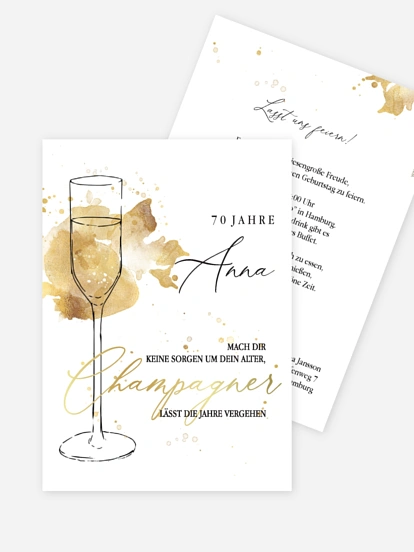 Einladung 70. Geburtstag Champagnerglas