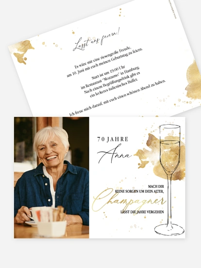 Einladung 70. Geburtstag Champagnerglas