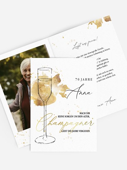 Einladung 70. Geburtstag Champagnerglas