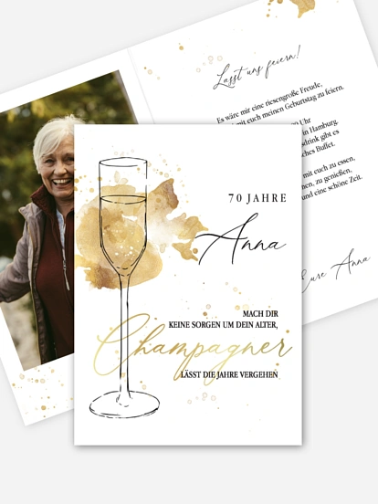 Einladung 70. Geburtstag Champagnerglas