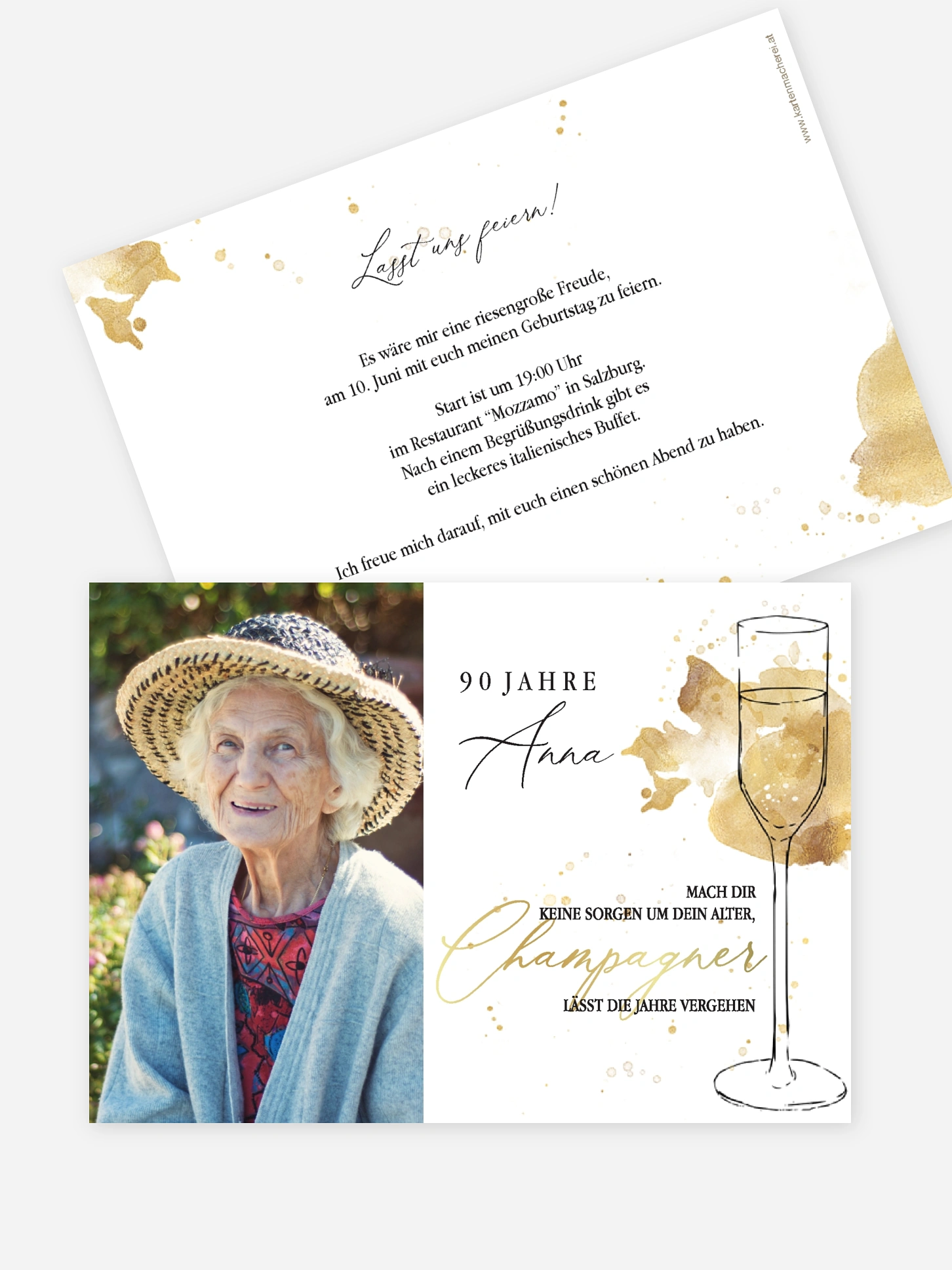 Einladung 90. Geburtstag Champagnerglas