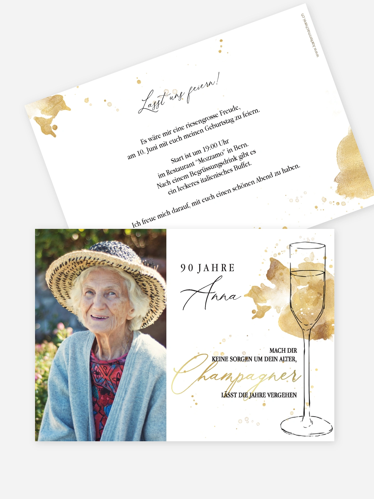 Einladung 90. Geburtstag Champagnerglas