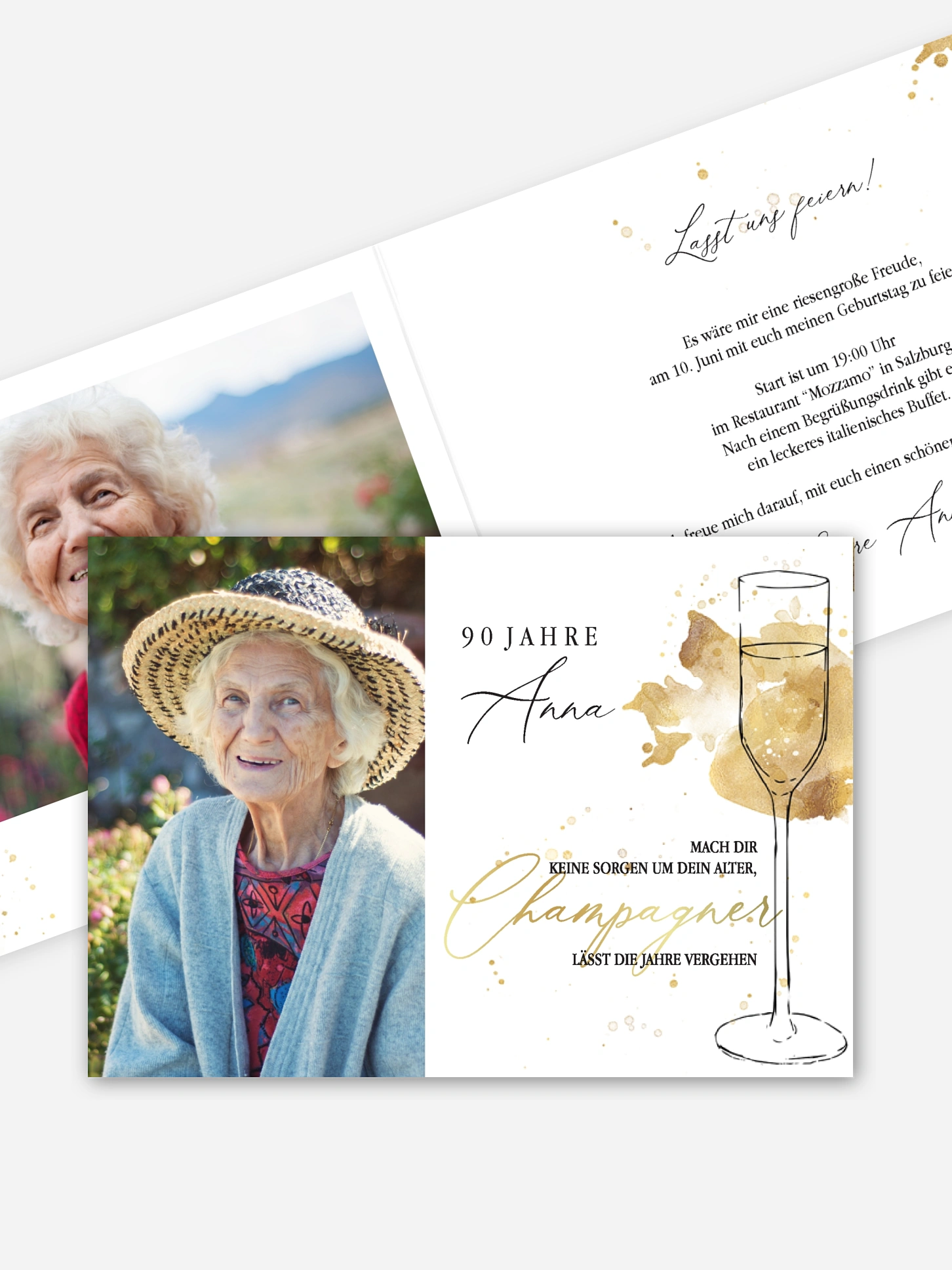 Einladung 90. Geburtstag Champagnerglas