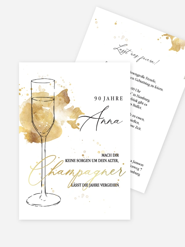 Einladung 90. Geburtstag Champagnerglas