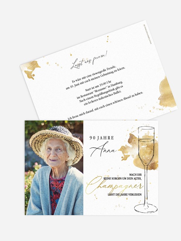 Einladung 90. Geburtstag Champagnerglas