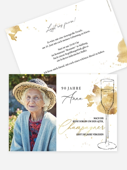 Einladung 90. Geburtstag Champagnerglas