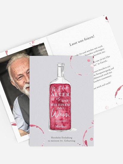 Einladung 70. Geburtstag Weinflasche