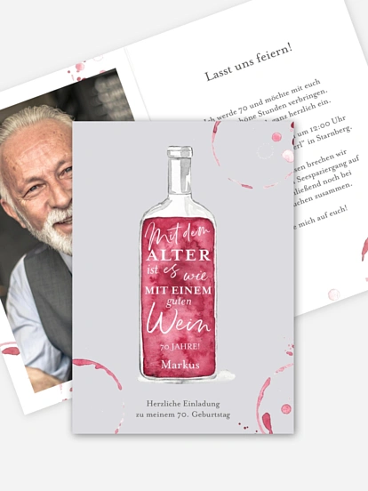 Einladung 70. Geburtstag Weinflasche