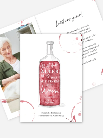 Einladung 80. Geburtstag Weinflasche