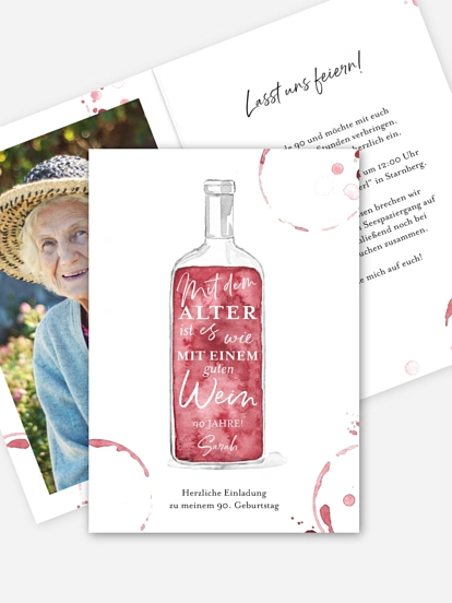 Einladung 90. Geburtstag Weinflasche