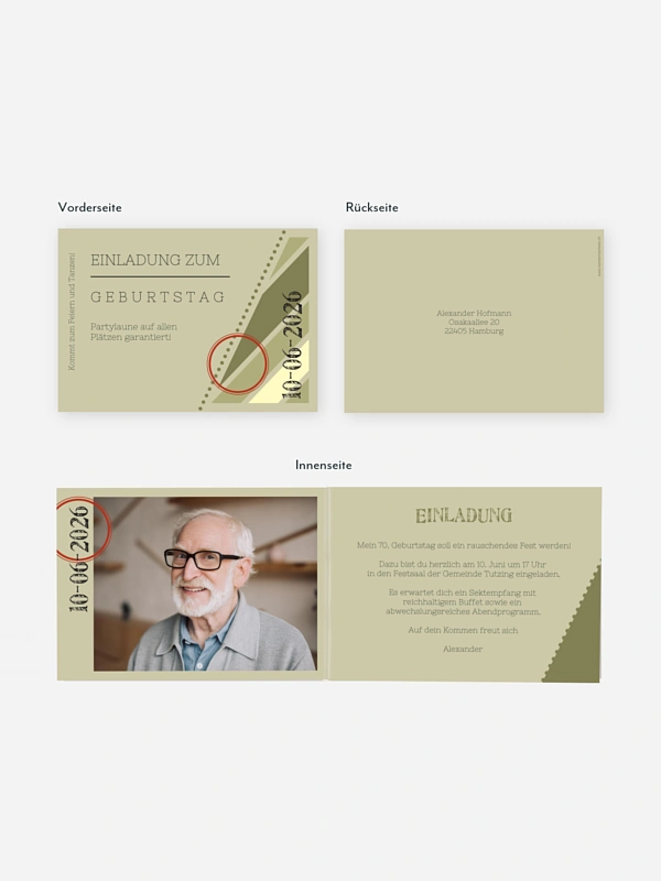 Einladung 70. Geburtstag Eintrittskarte