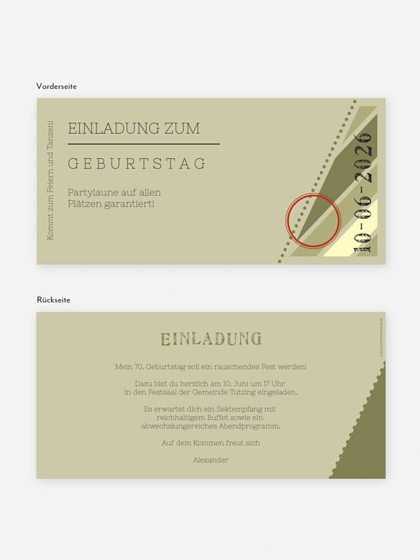 Einladung 70. Geburtstag Eintrittskarte
