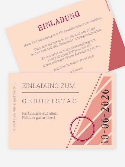 Einladung 70. Geburtstag Eintrittskarte