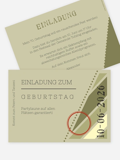 Einladung 70. Geburtstag Eintrittskarte