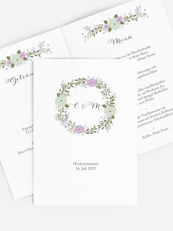 Menükarte Hochzeit Blumenkranz