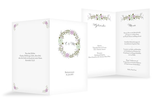 Menükarte Hochzeit Blumenkranz