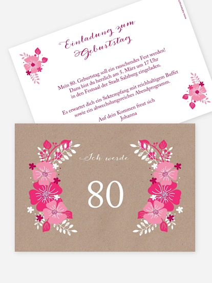 Einladung 80. Geburtstag Blumig