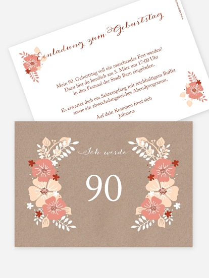 Einladung 90. Geburtstag Blumig