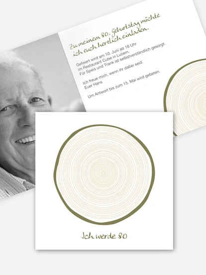 Einladung 80. Geburtstag Jahresringe